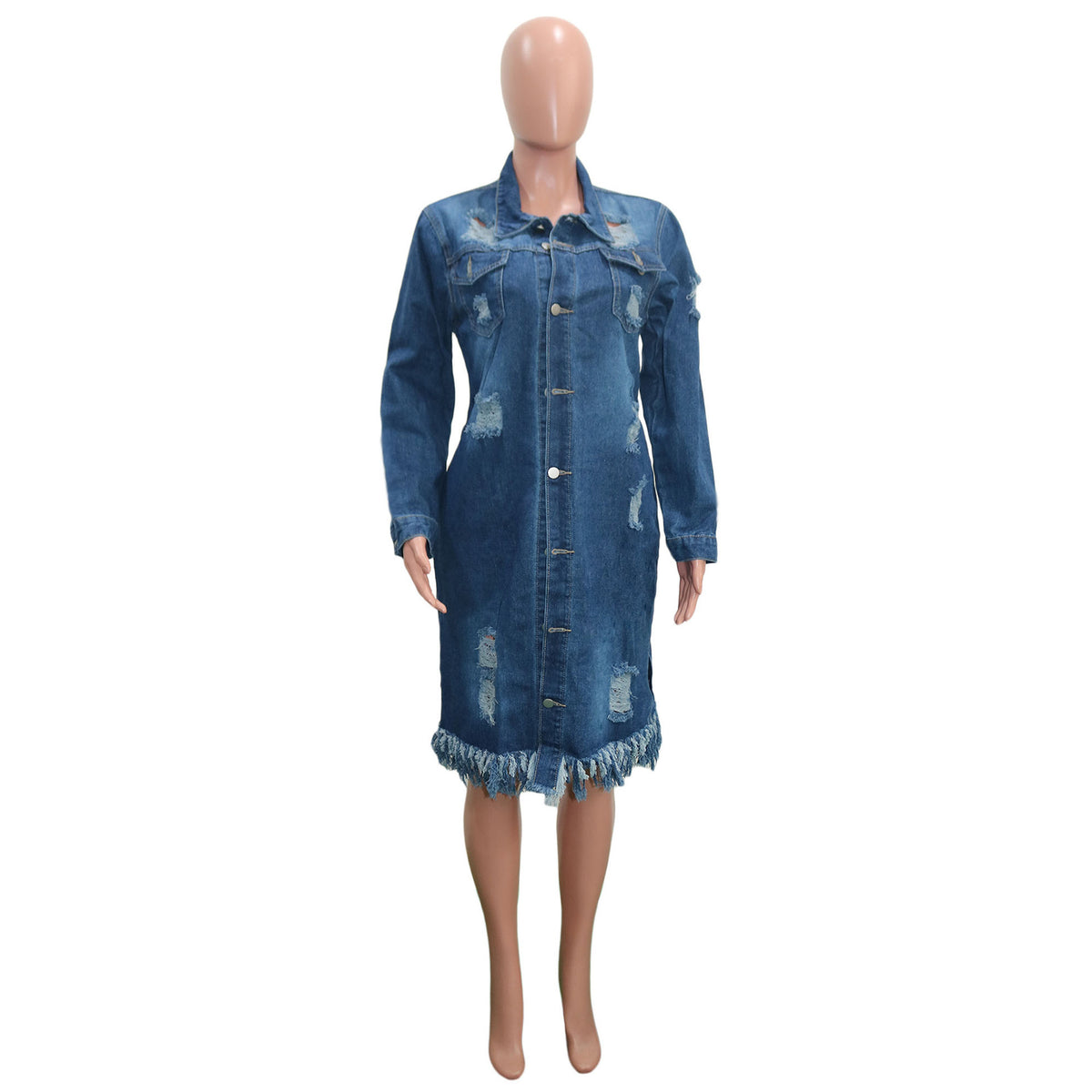 Dark Blue Fashion Casual Solid Ripped Turndown Collar Long Sleeve Straight Denim Jacket