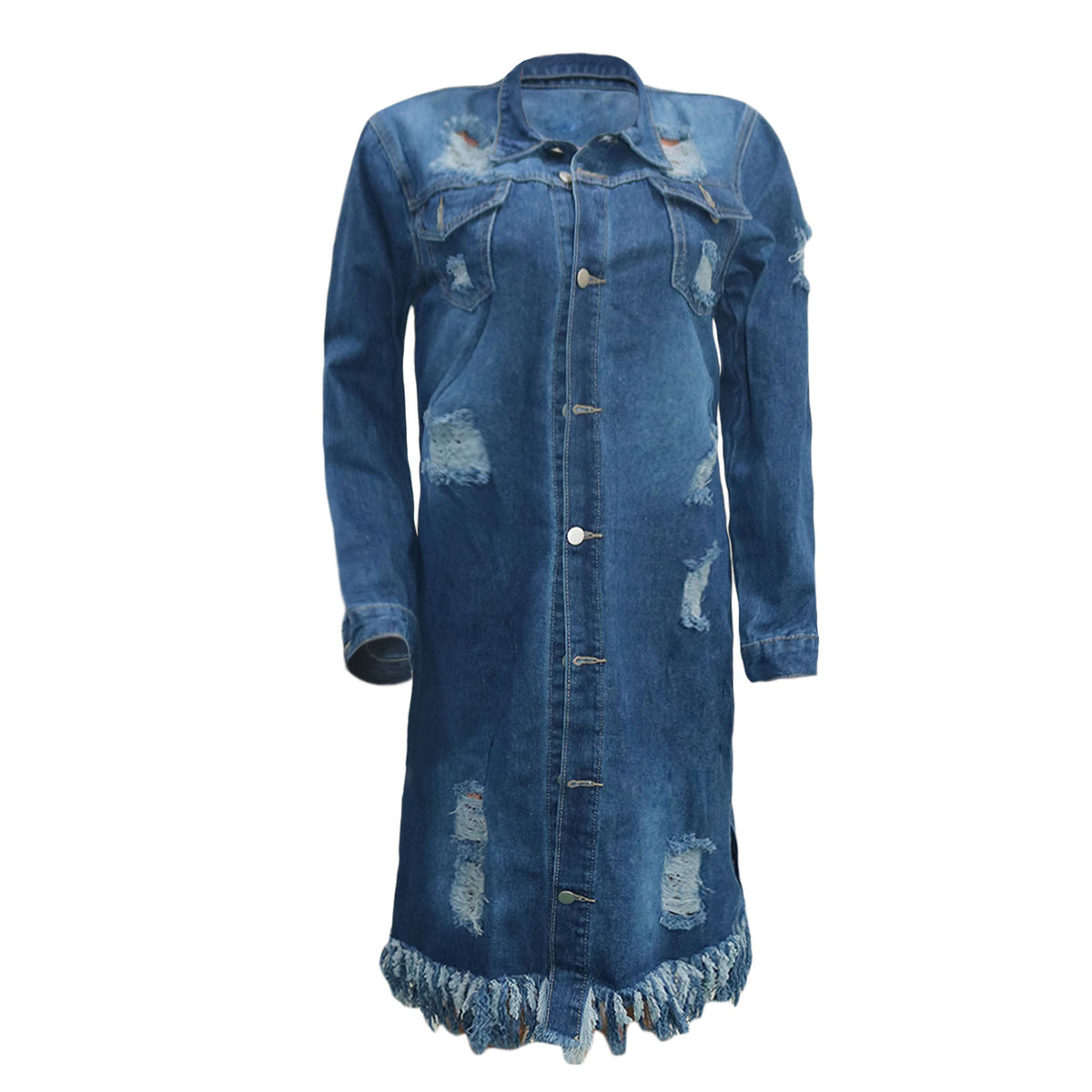 Dark Blue Fashion Casual Solid Ripped Turndown Collar Long Sleeve Straight Denim Jacket