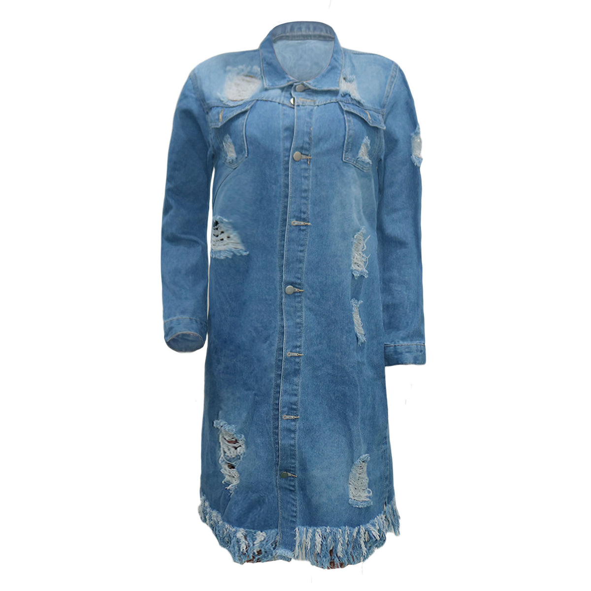 Dark Blue Fashion Casual Solid Ripped Turndown Collar Long Sleeve Straight Denim Jacket