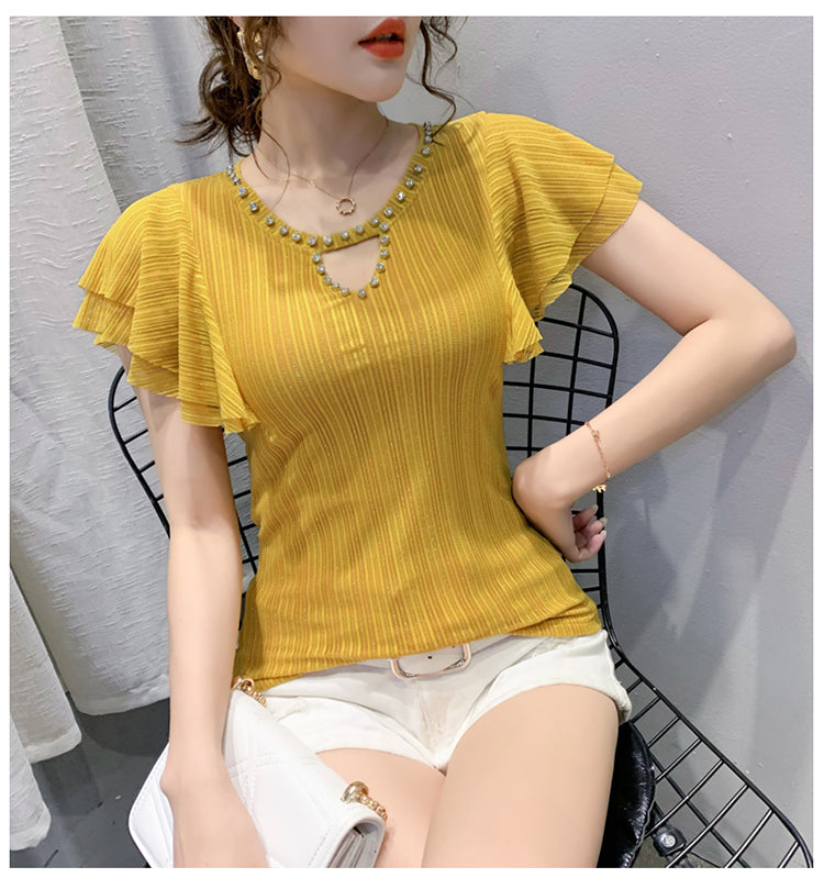 Short Flutter Sleeve Rhinestone Collared Fashion Top