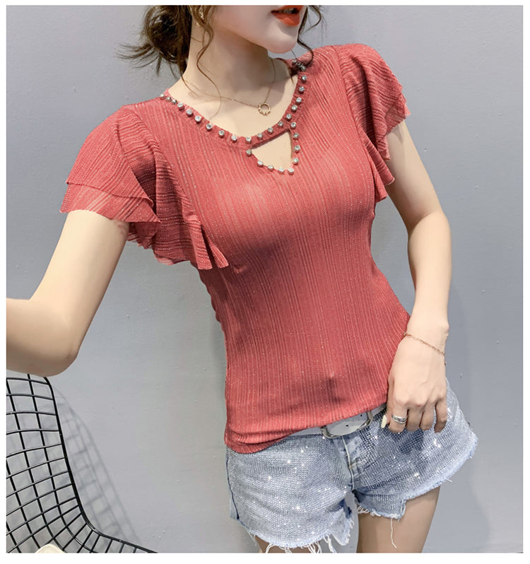 Short Flutter Sleeve Rhinestone Collared Fashion Top