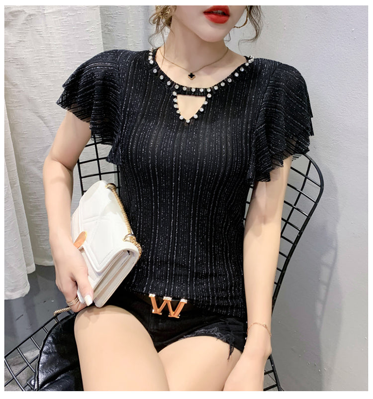 Short Flutter Sleeve Rhinestone Collared Fashion Top