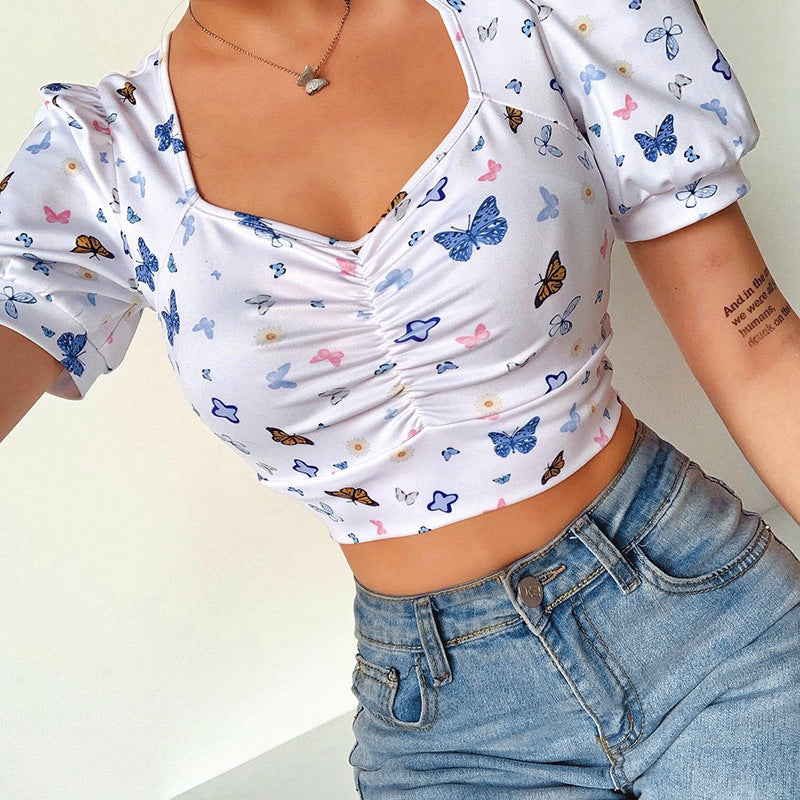 Butterfly Print Puff Sleeve V-neck Cropped T-shirt