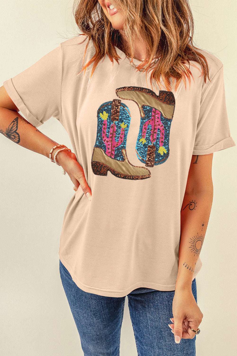 Khaki Sequined Boots Graphic Crew Neck Tee