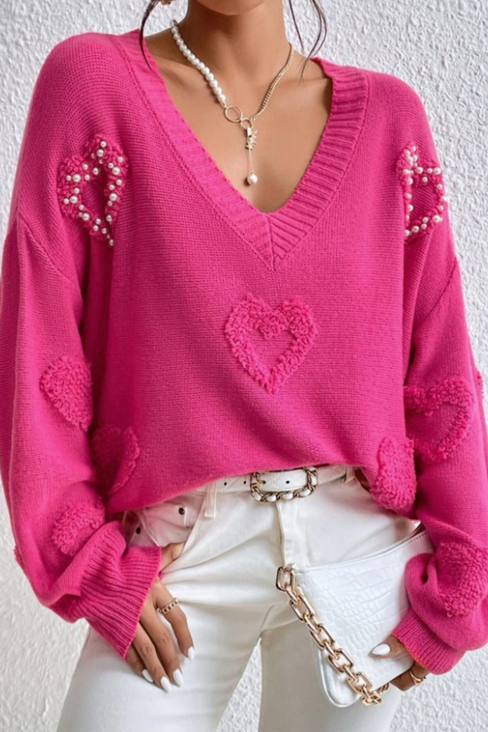 Rosy Heart Pattern Pearl Detail Drop Sleeve Knit Sweater