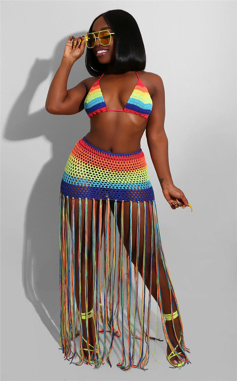 Rainbow Crochet Bikini Top And Tassel Fringe Skirt Sexy 2 Piece Outfit Swimwear Set