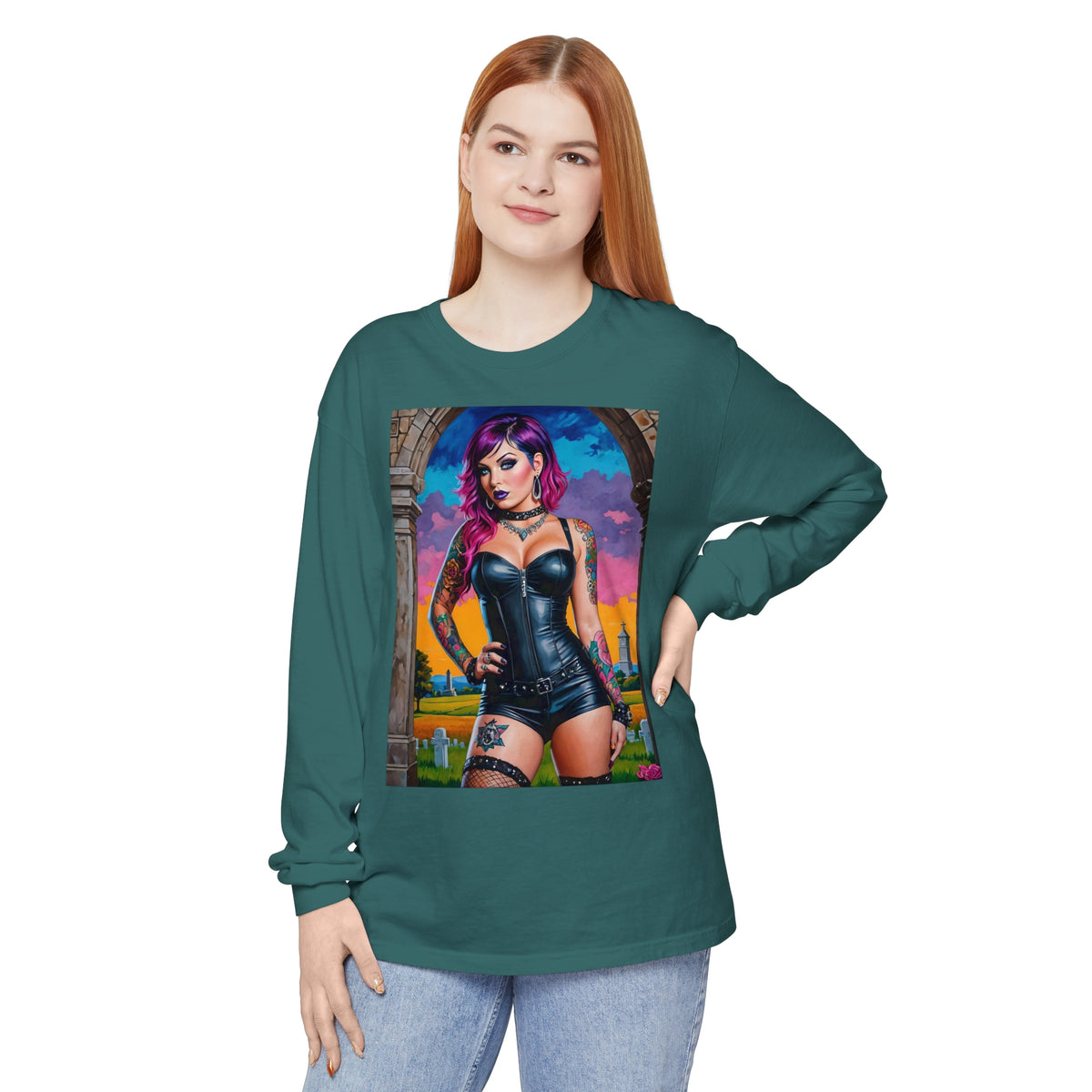 Goth Graveyard Girl Series - Design Three - Unisex Garment-dyed Long Sleeve T-Shirt