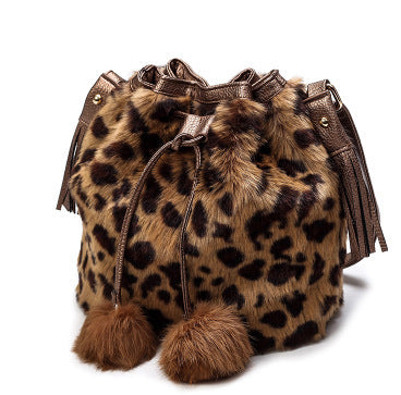 Faux Fur Plush Drawstring And PU Tassel Shoulder Bag