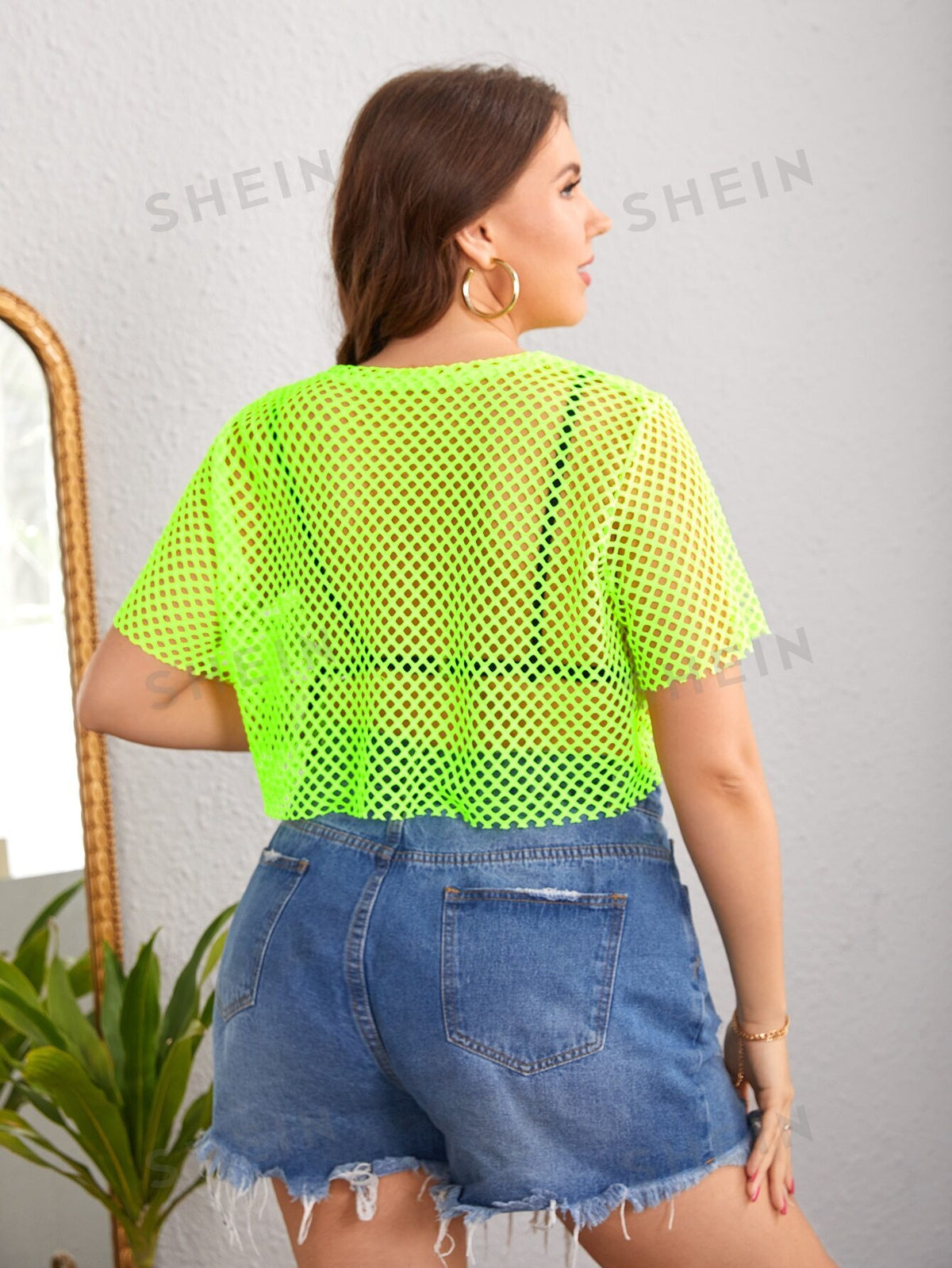 Essnce Plus Neon Lime Fishnet Mesh Crop Top Without Bra