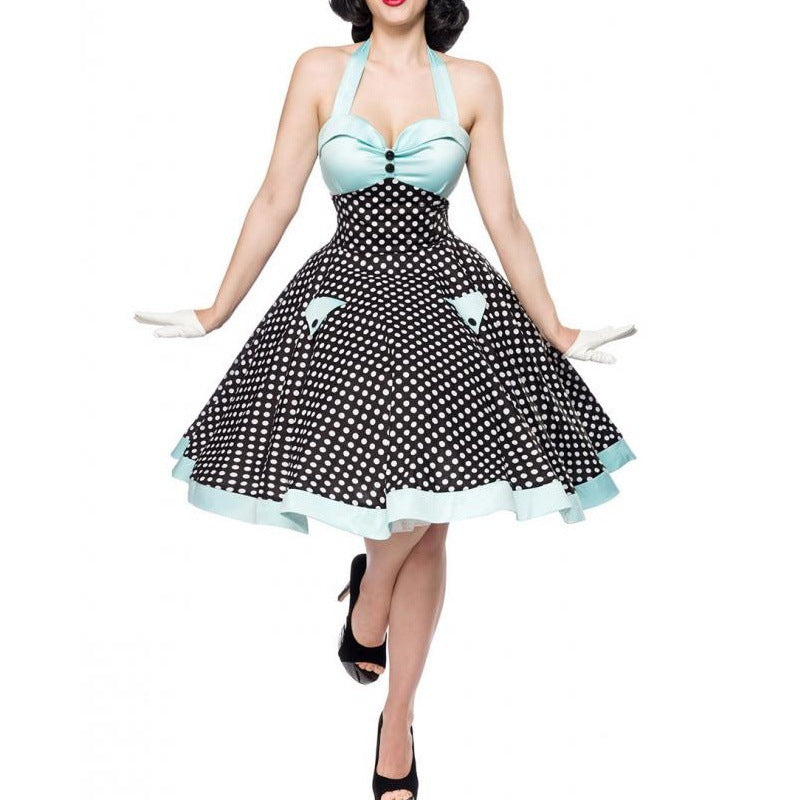 Halter Neck Polka Dotted Retro Swing Party Dress