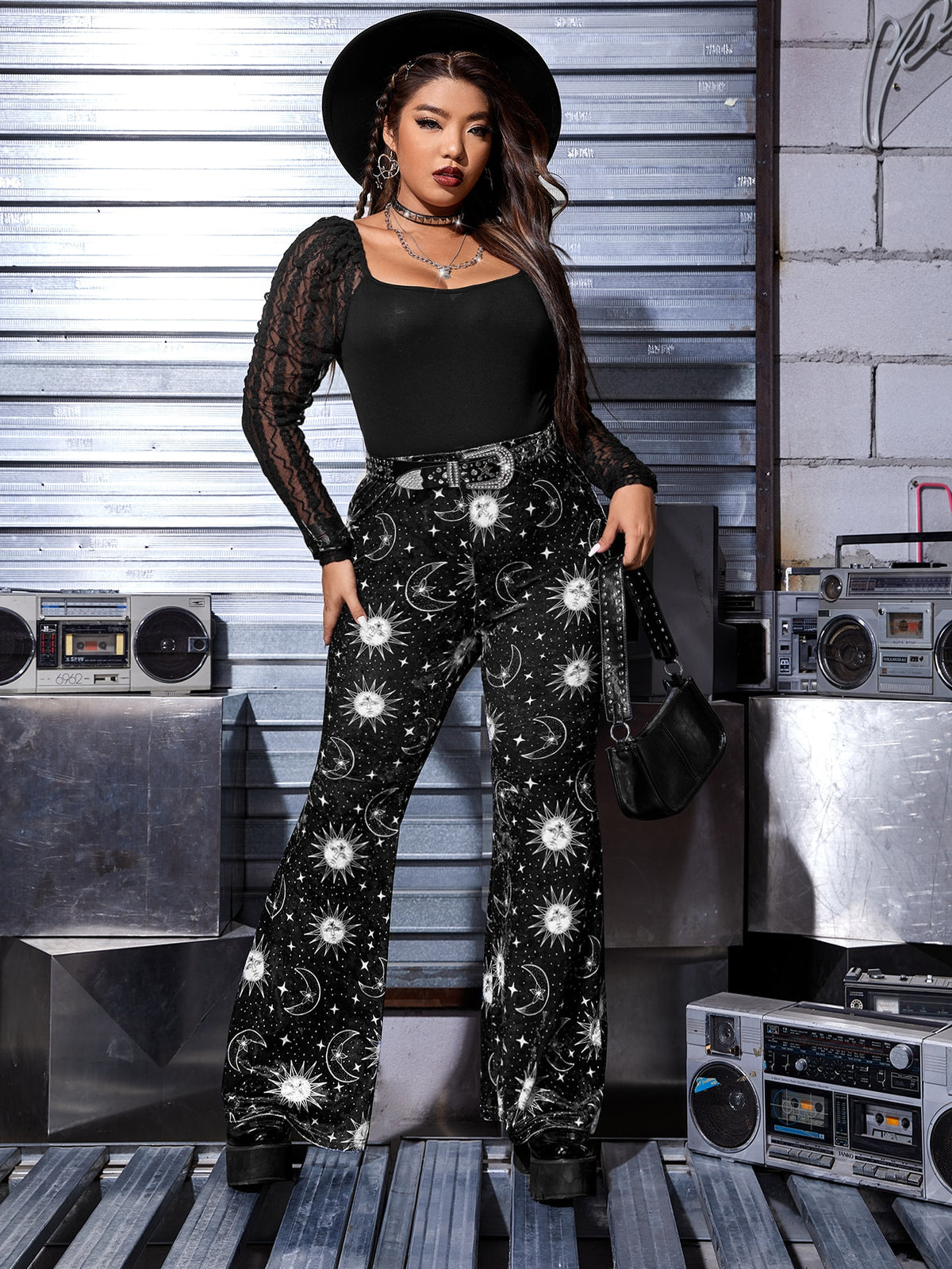 ROMWE PUNK Plus Galaxy Print Flare Leg Pants