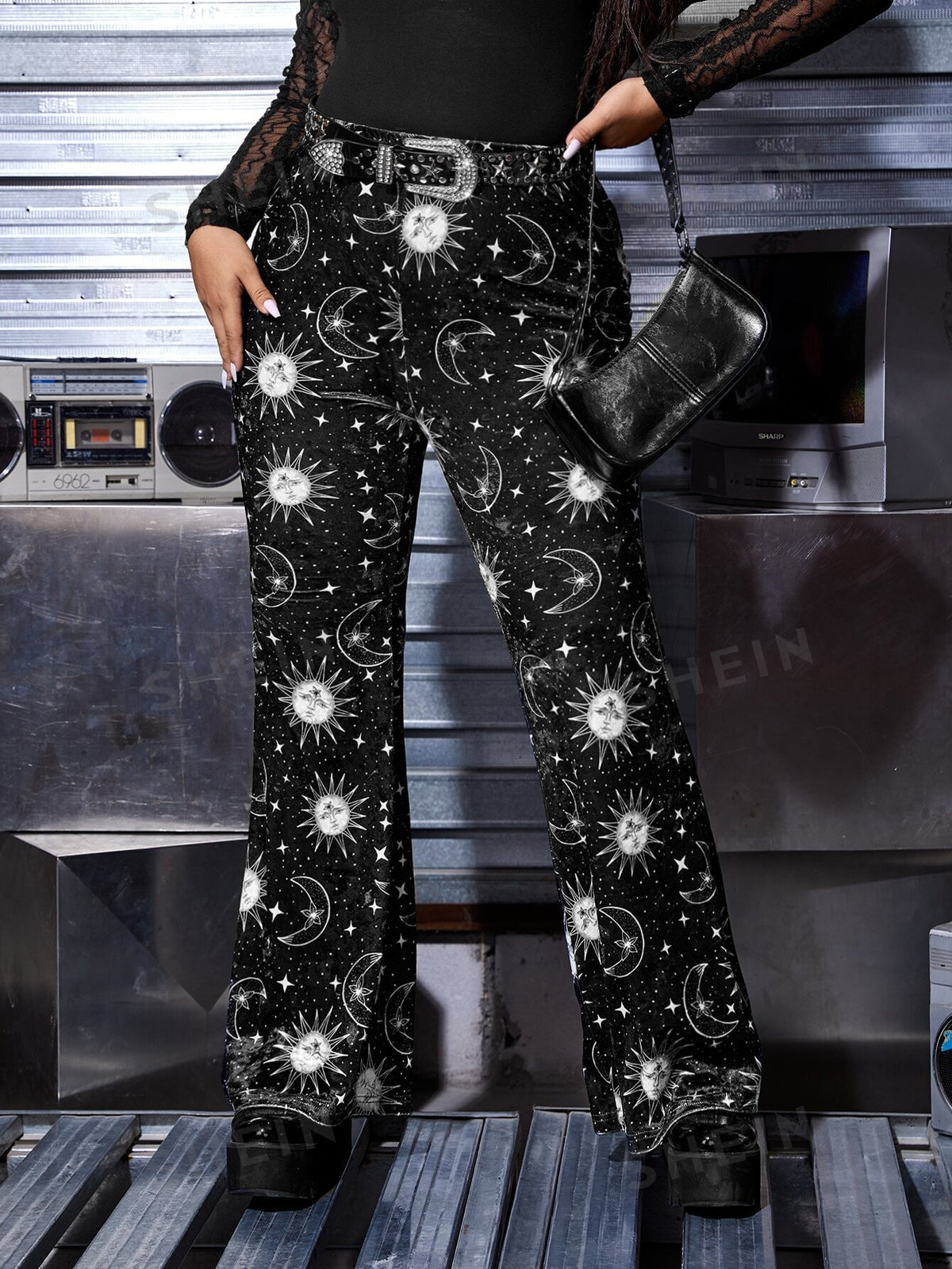 ROMWE PUNK Plus Galaxy Print Flare Leg Pants