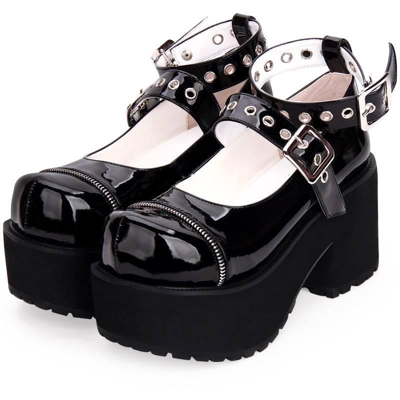 New Spring Lolita Goth Ankle Strap Buckle Patent Leather Mary Jane Style Chunky Platform Shoes