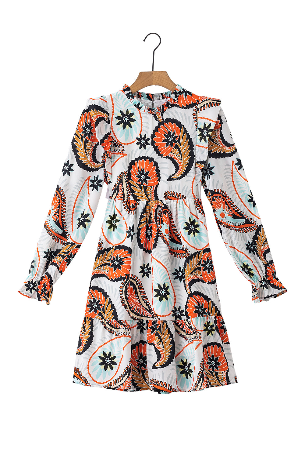 White Printed Boho Paisley Floral Print Puff Sleeve Mini Dress