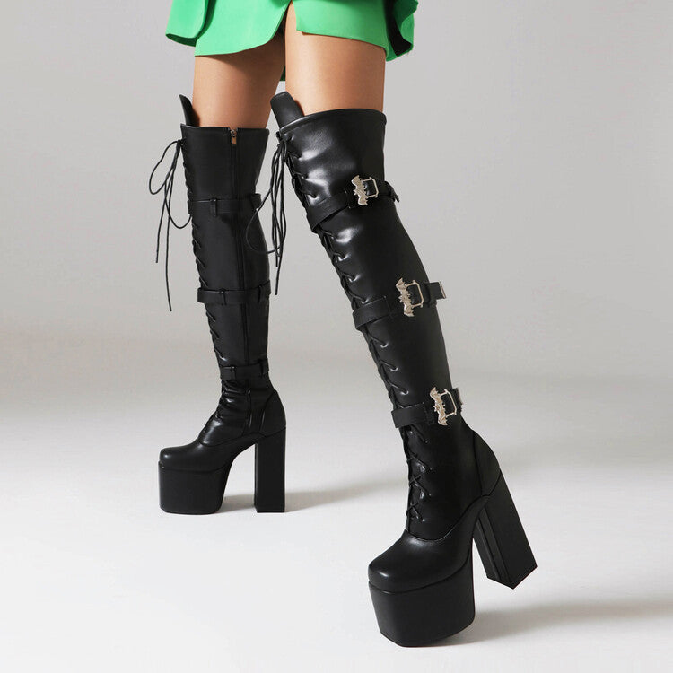 Night Club Lace-up Metal Buckle Over The Knee Boots