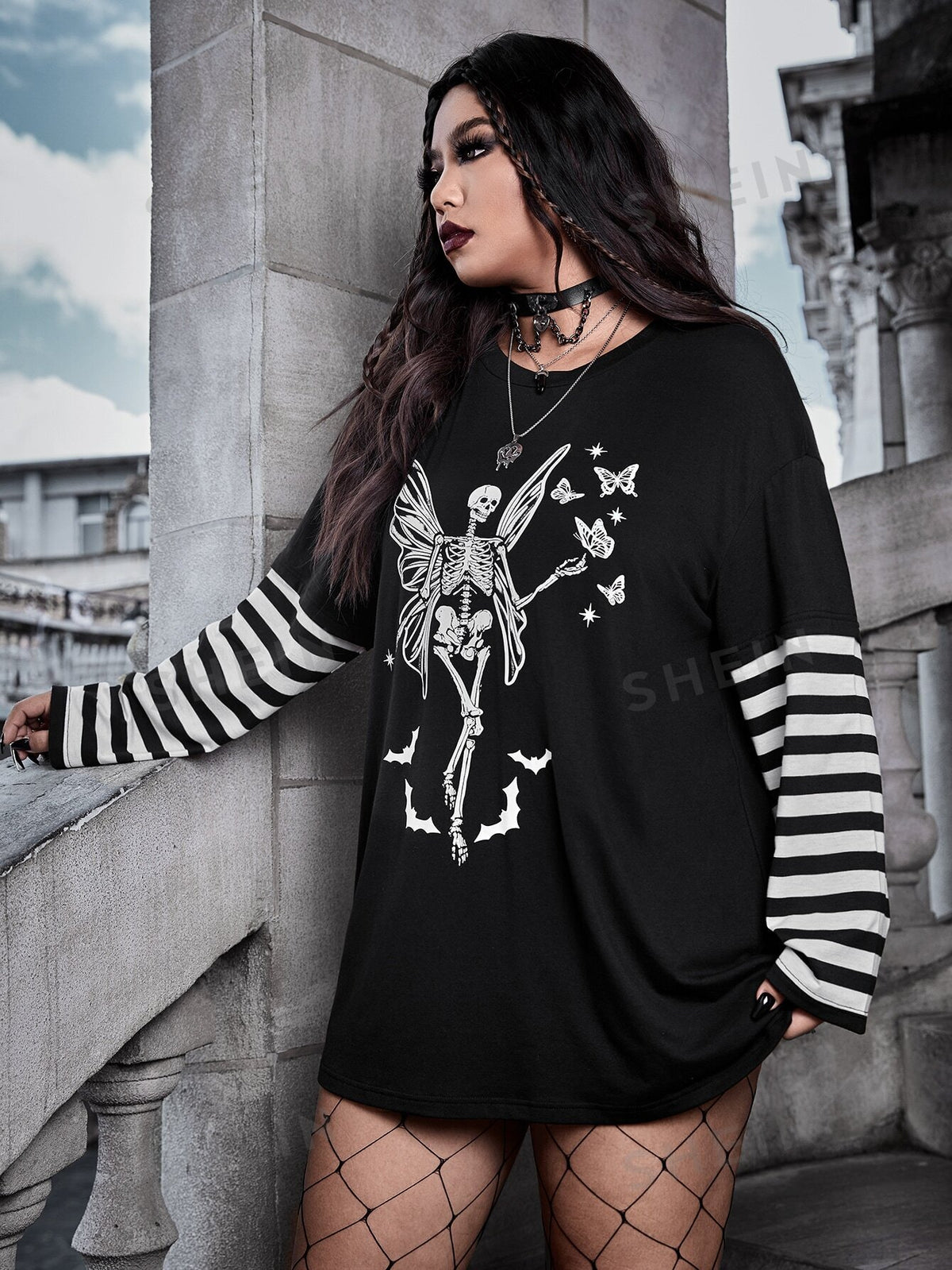 ROMWE PUNK Plus Skeleton & Butterfly Print Drop Shoulder Tee