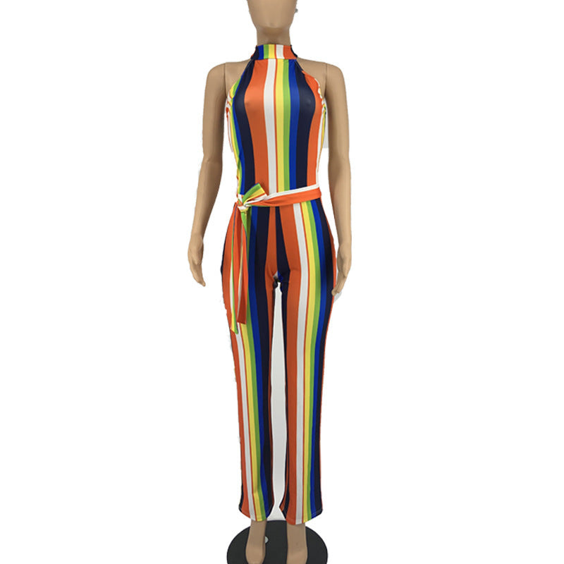 Grecian Style Wide Leg Tie Waist Halter Rainbow Striped Casual Jumpsuit