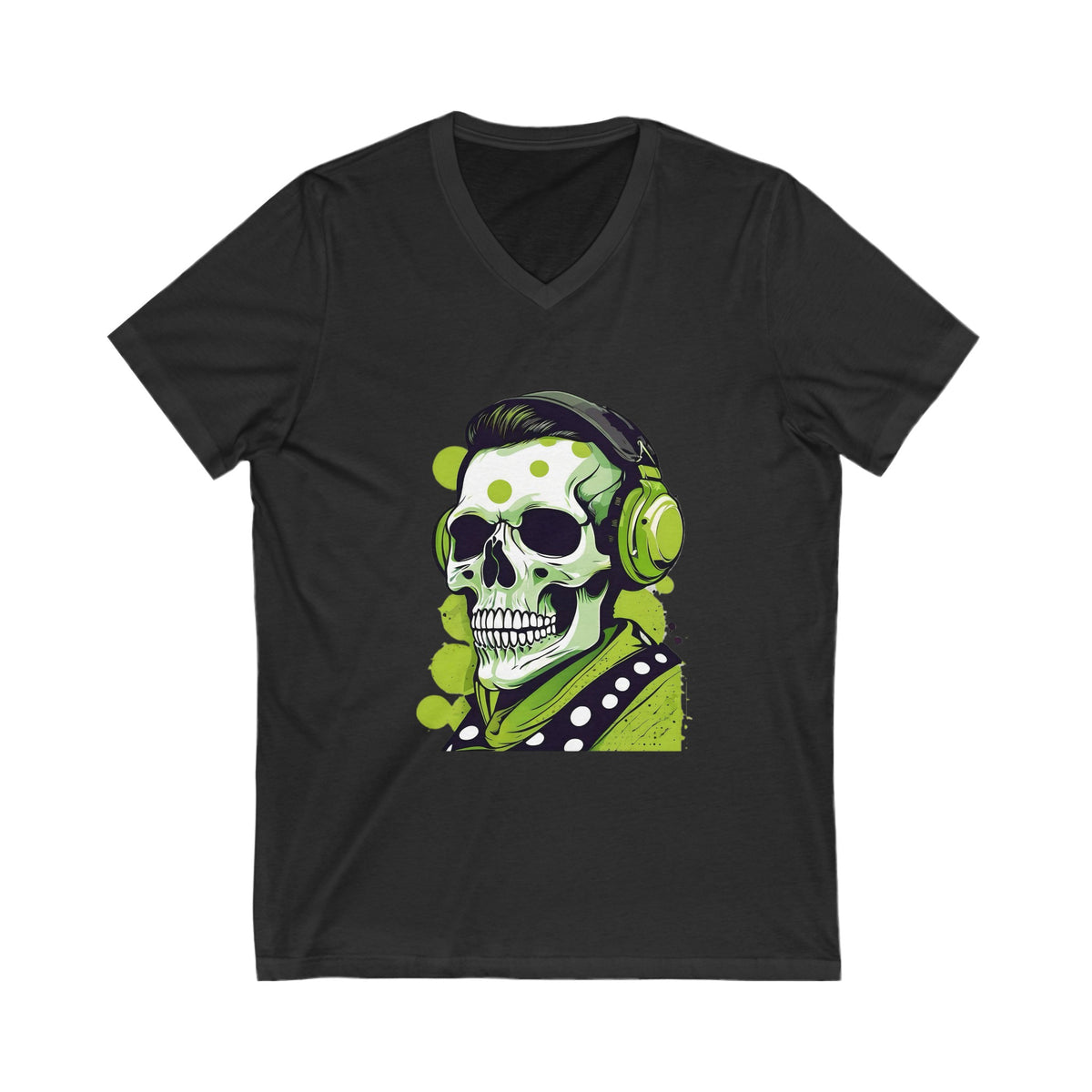 Rockabilly Skull Rocking Headphones Unisex Jersey Short Sleeve V-Neck Tee