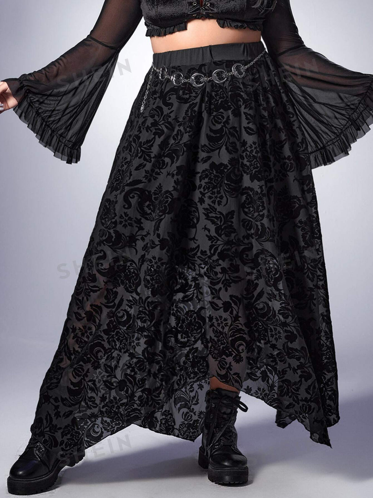 ROMWE Goth Plus Floral Print Asymmetrical Hem Skirt