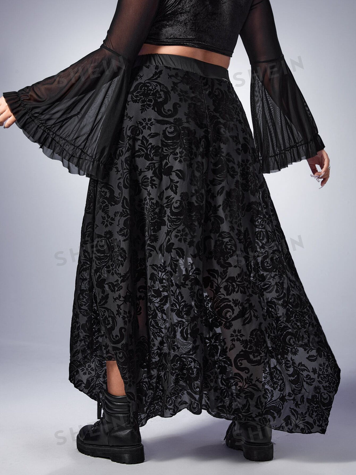 ROMWE Goth Plus Floral Print Asymmetrical Hem Skirt