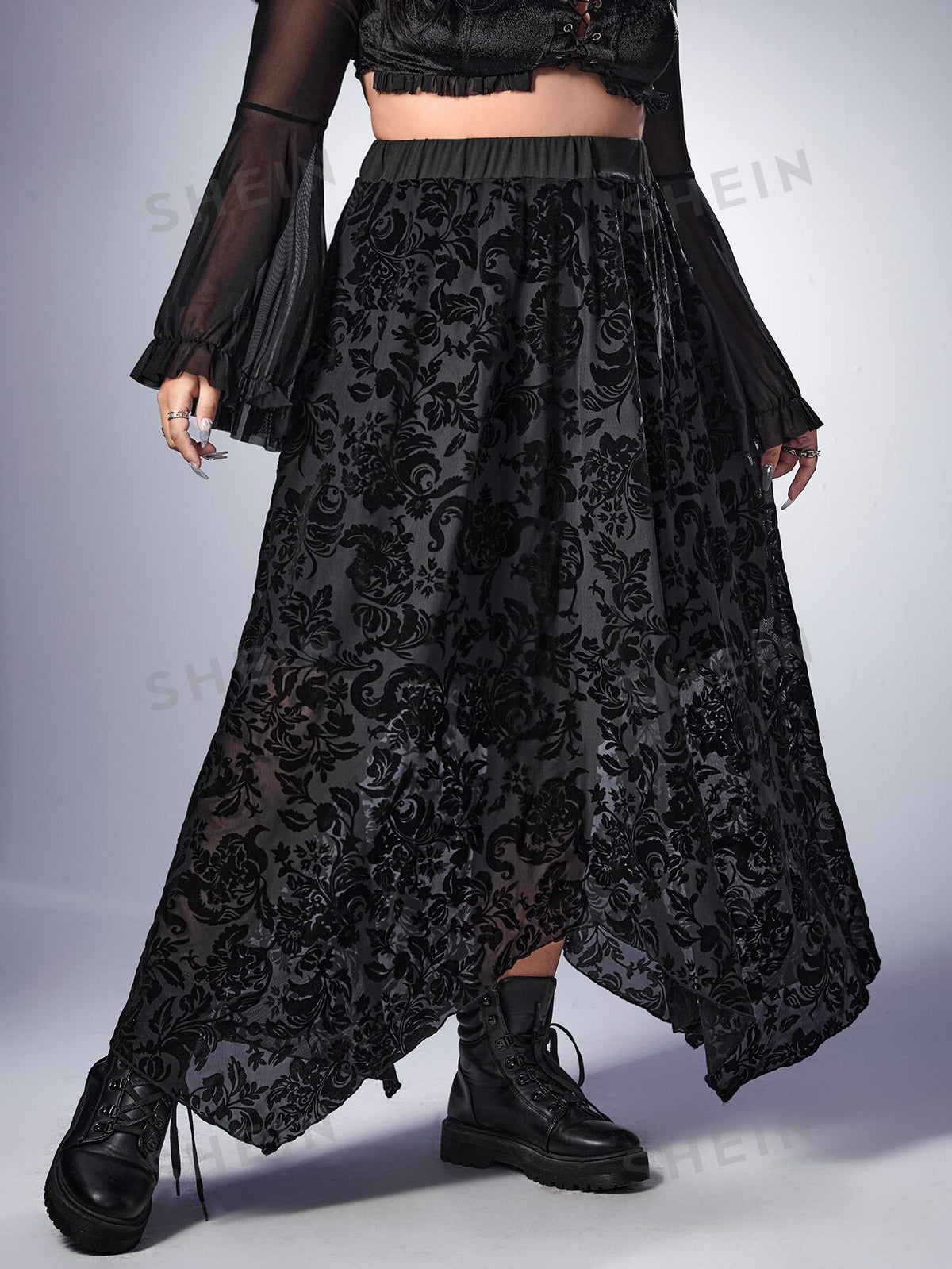 ROMWE Goth Plus Floral Print Asymmetrical Hem Skirt