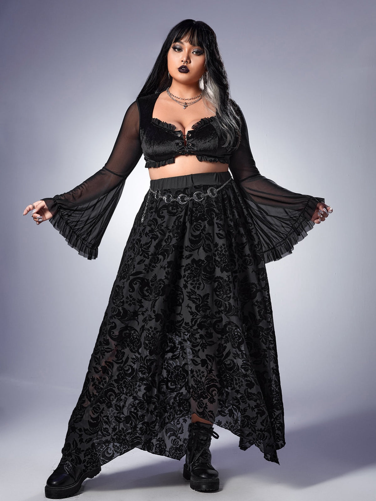 ROMWE Goth Plus Floral Print Asymmetrical Hem Skirt