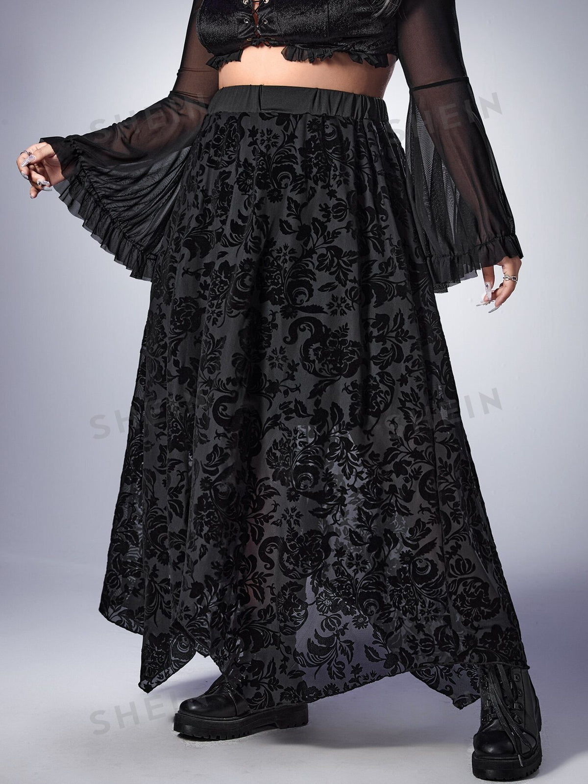 ROMWE Goth Plus Floral Print Asymmetrical Hem Skirt