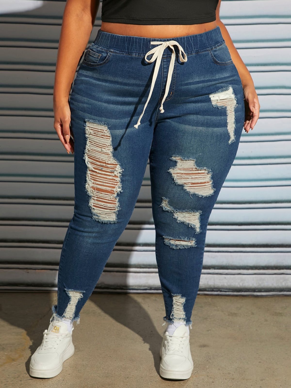 CURVE  Plus Size Women's Drawstring Waist Ripped Skinny Jeans