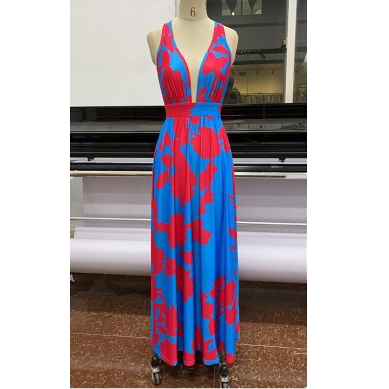 Sweet Summertime Red And Blue Floral Printed Bohemian V-Neck Sleeveless Dress