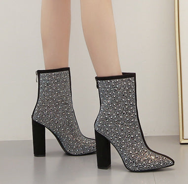 Rhinestone Studded High Heel Ankle Boots