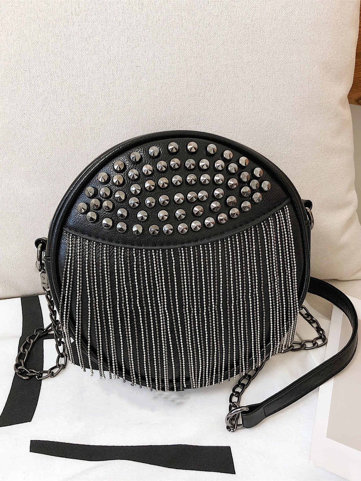 Mini Fringe & Studded Decor Chain Circle Bag