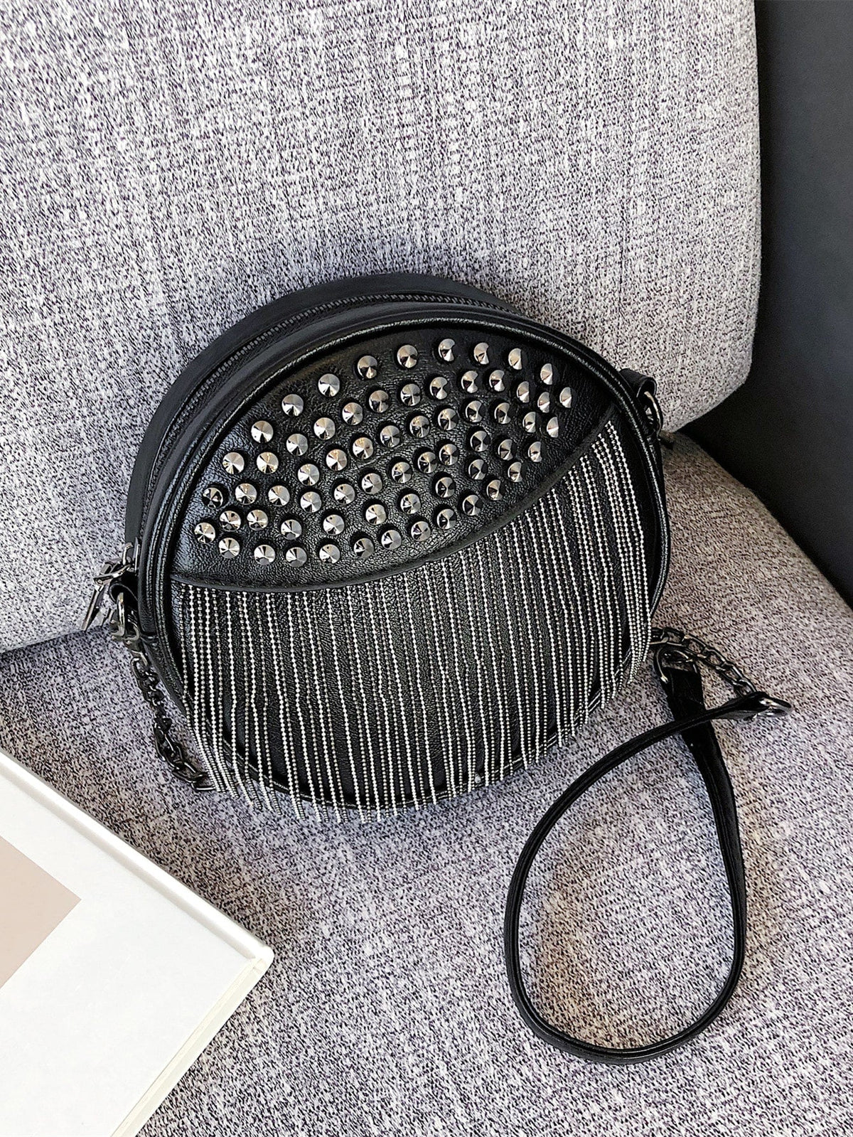 Mini Fringe & Studded Decor Chain Circle Bag