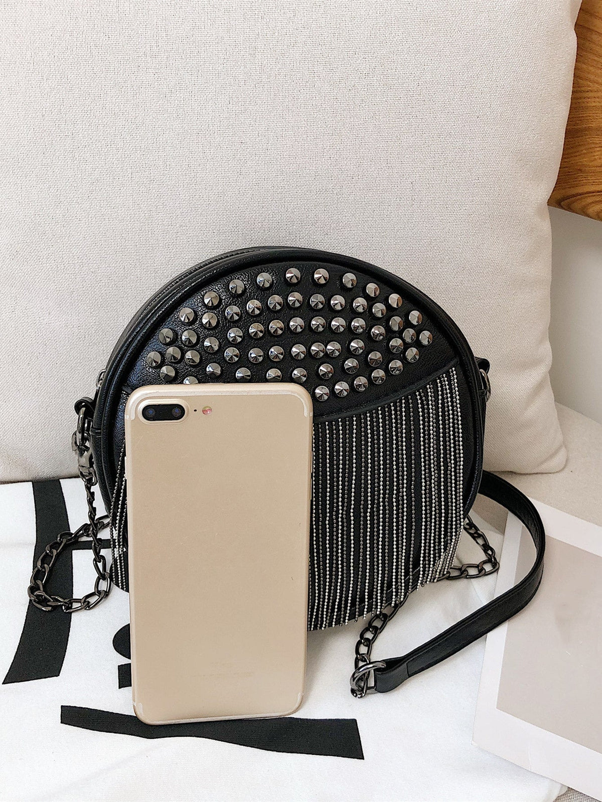 Mini Fringe & Studded Decor Chain Circle Bag