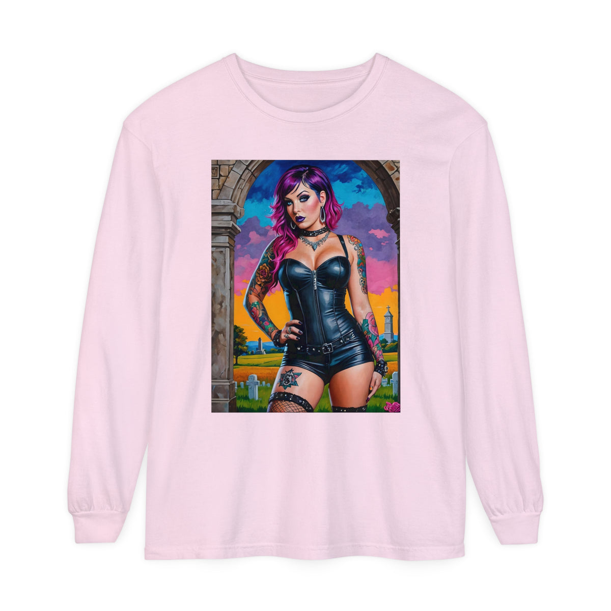 Goth Graveyard Girl Series - Design Three - Unisex Garment-dyed Long Sleeve T-Shirt