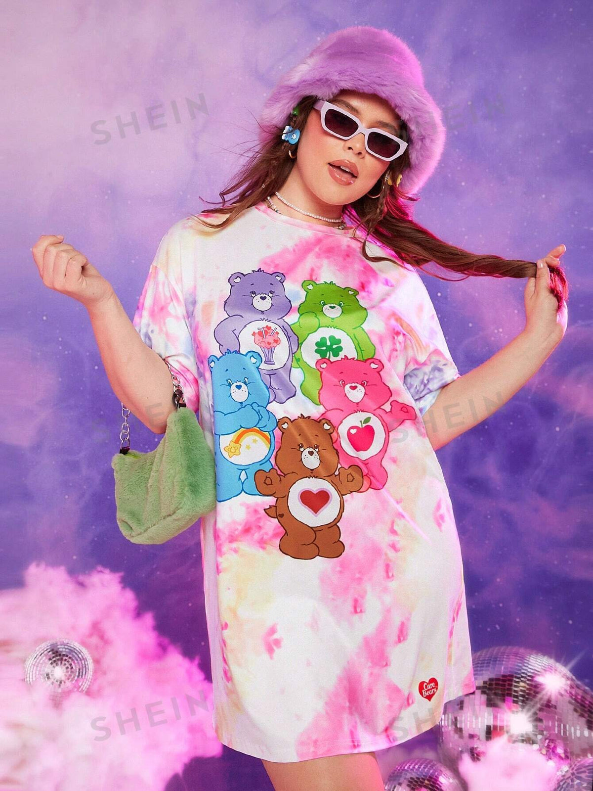 X Care Bears Plus Bear Print Tie Dye Drop Shoulder Tee Dress