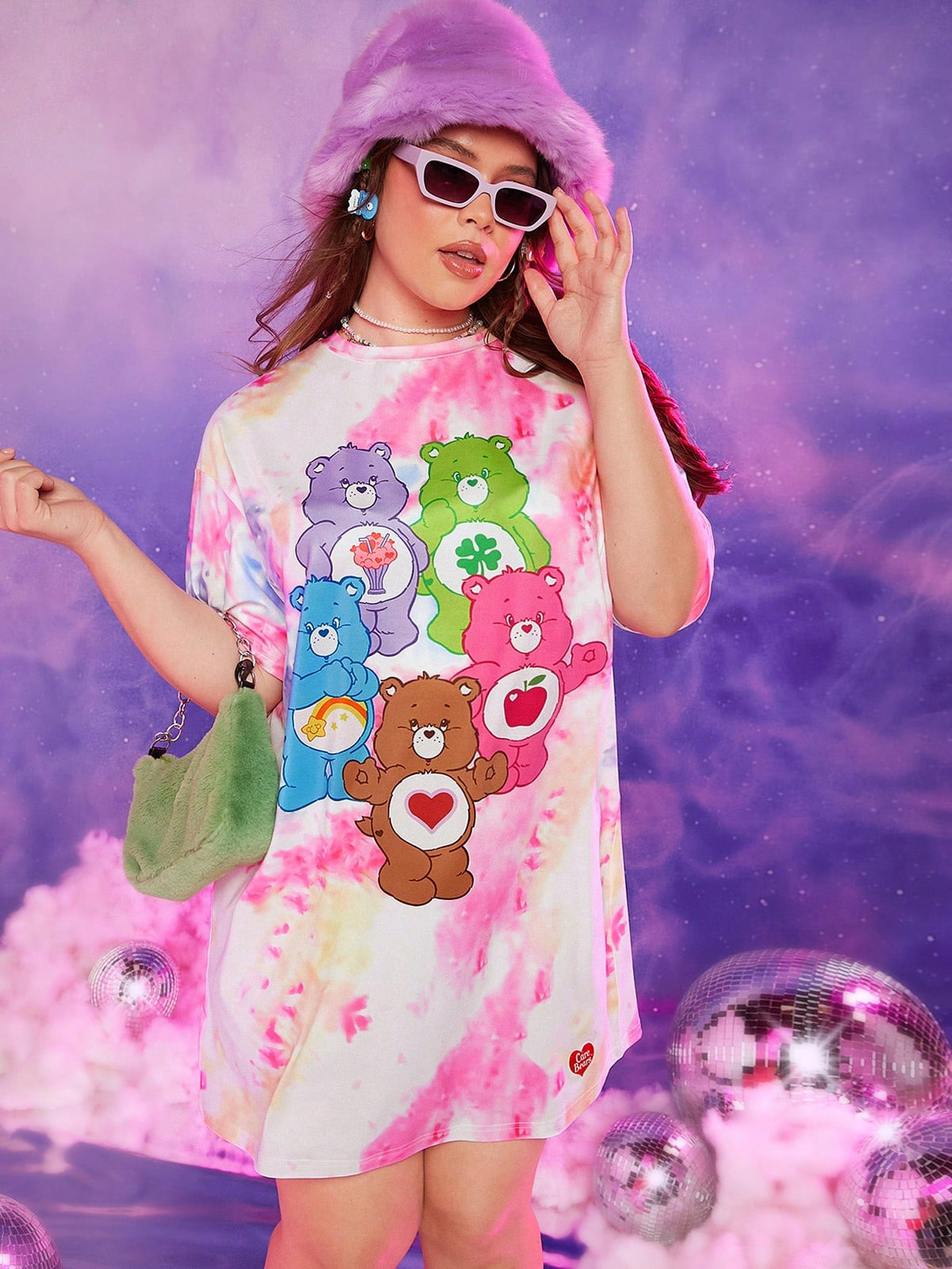 X Care Bears Plus Bear Print Tie Dye Drop Shoulder Tee Dress