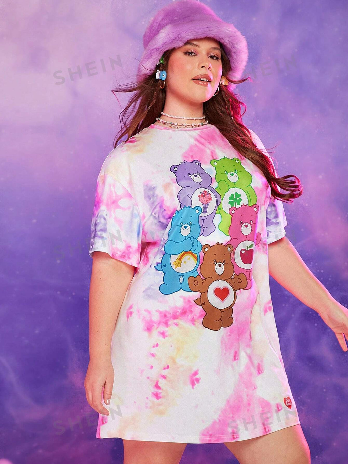 X Care Bears Plus Bear Print Tie Dye Drop Shoulder Tee Dress