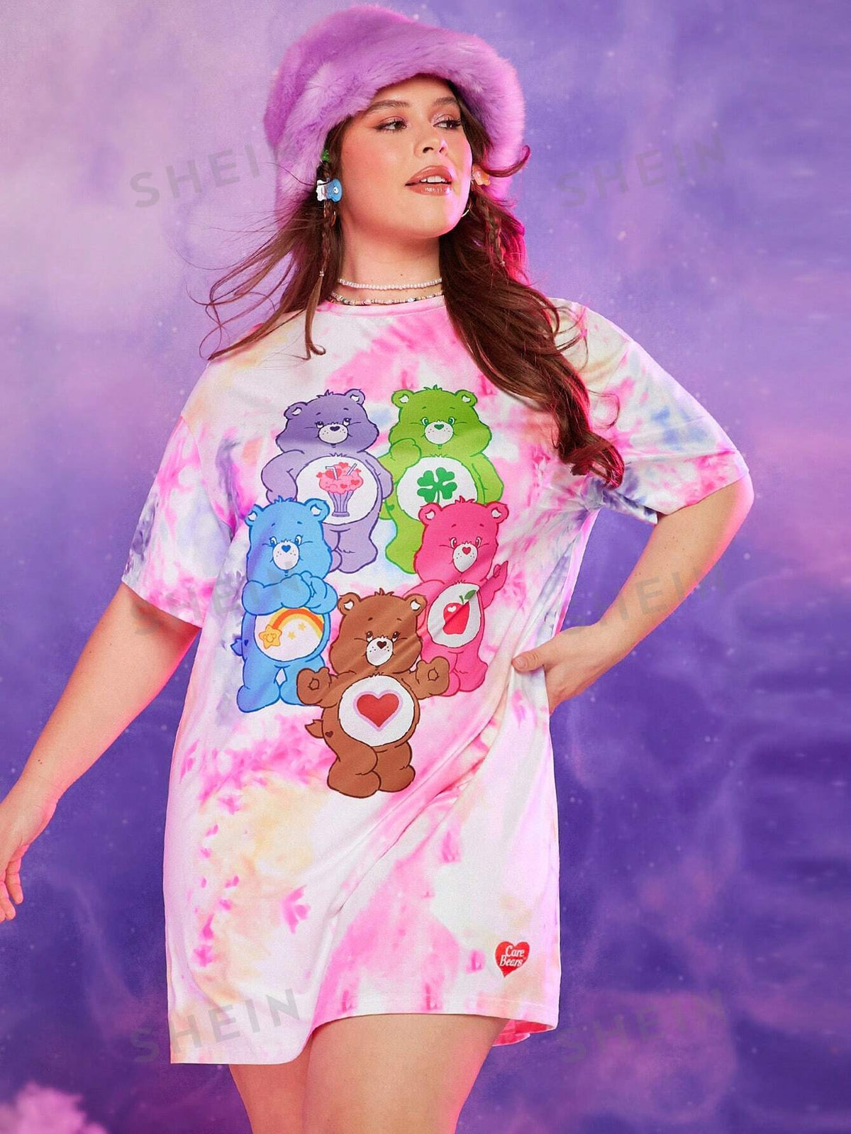 X Care Bears Plus Bear Print Tie Dye Drop Shoulder Tee Dress