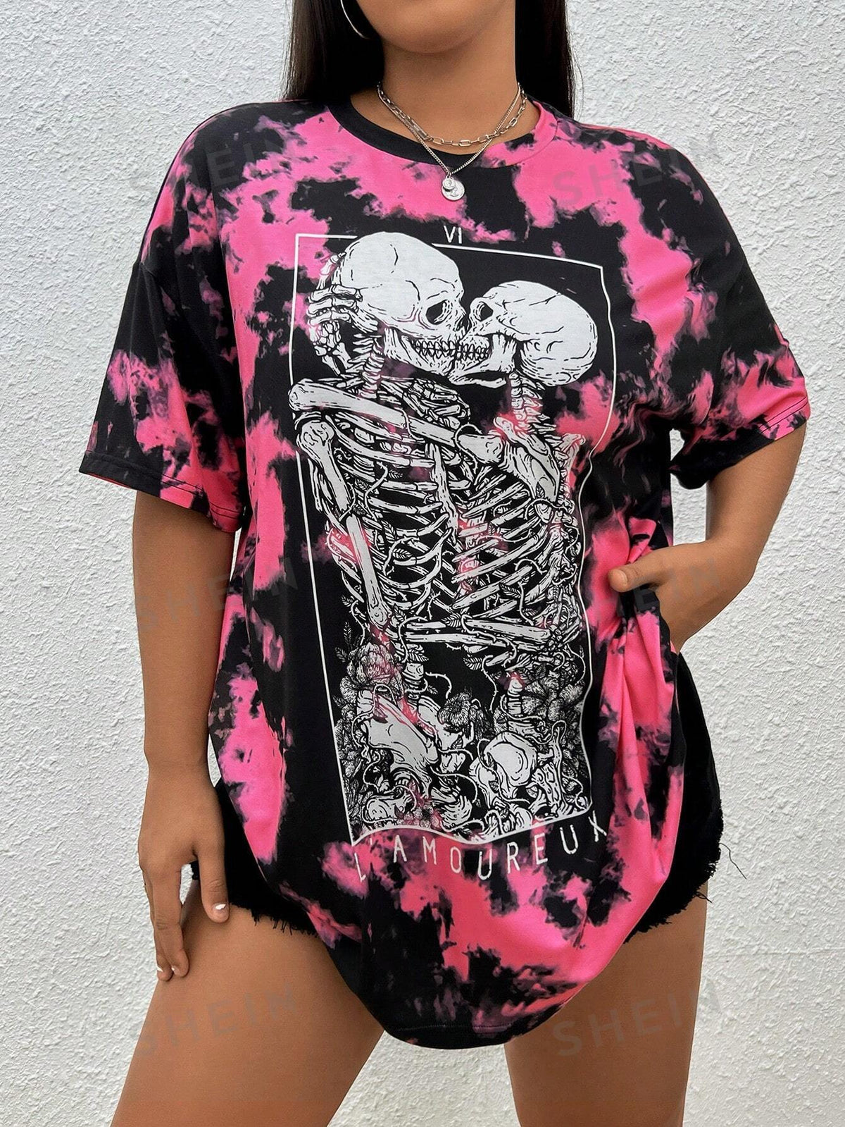 Deniart Plus Tie Dye Skeleton Print Drop Shoulder Tee