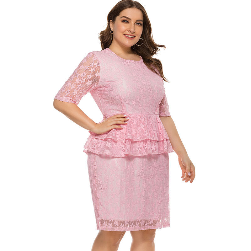 Plus Size Full Lace Peplum Waist Three Quarter Sleeve Midi Length Elegant Dress