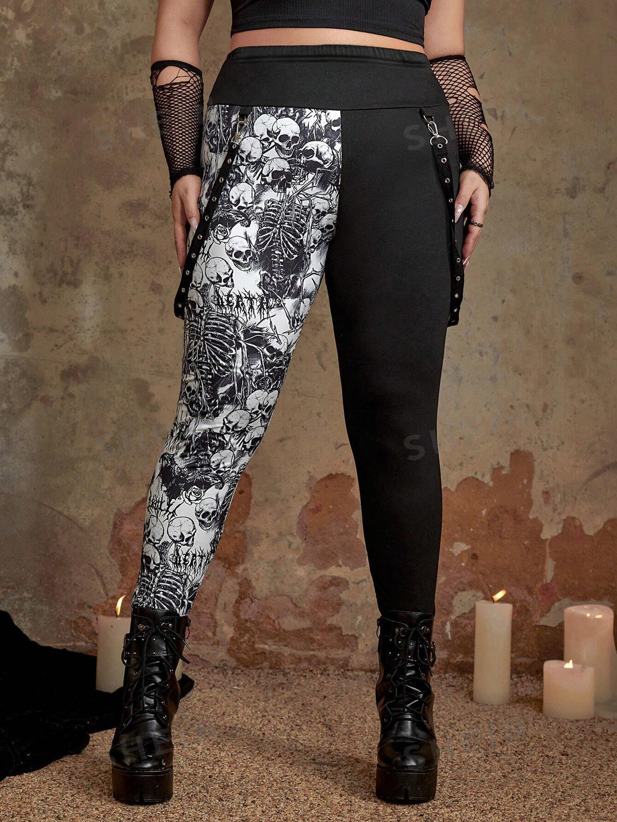 ROMWE Goth Plus Skeleton Print Leggings