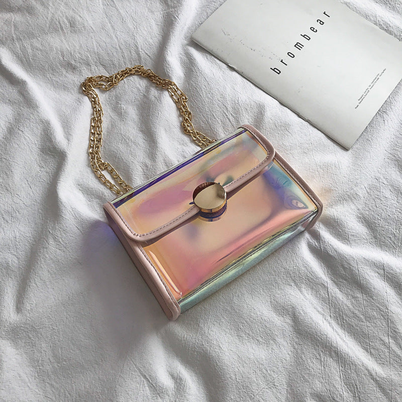 Laser Holographic Pastel Rainbow Shoulder Bag With Chain Strap