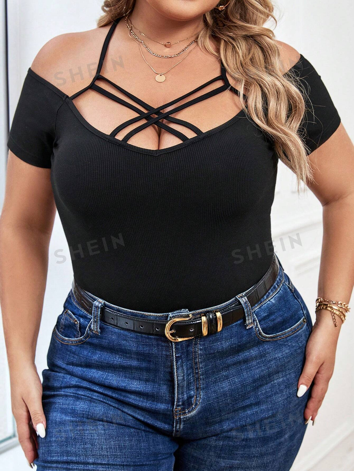 Privé Plus Crisscross Front Cold Shoulder Tee