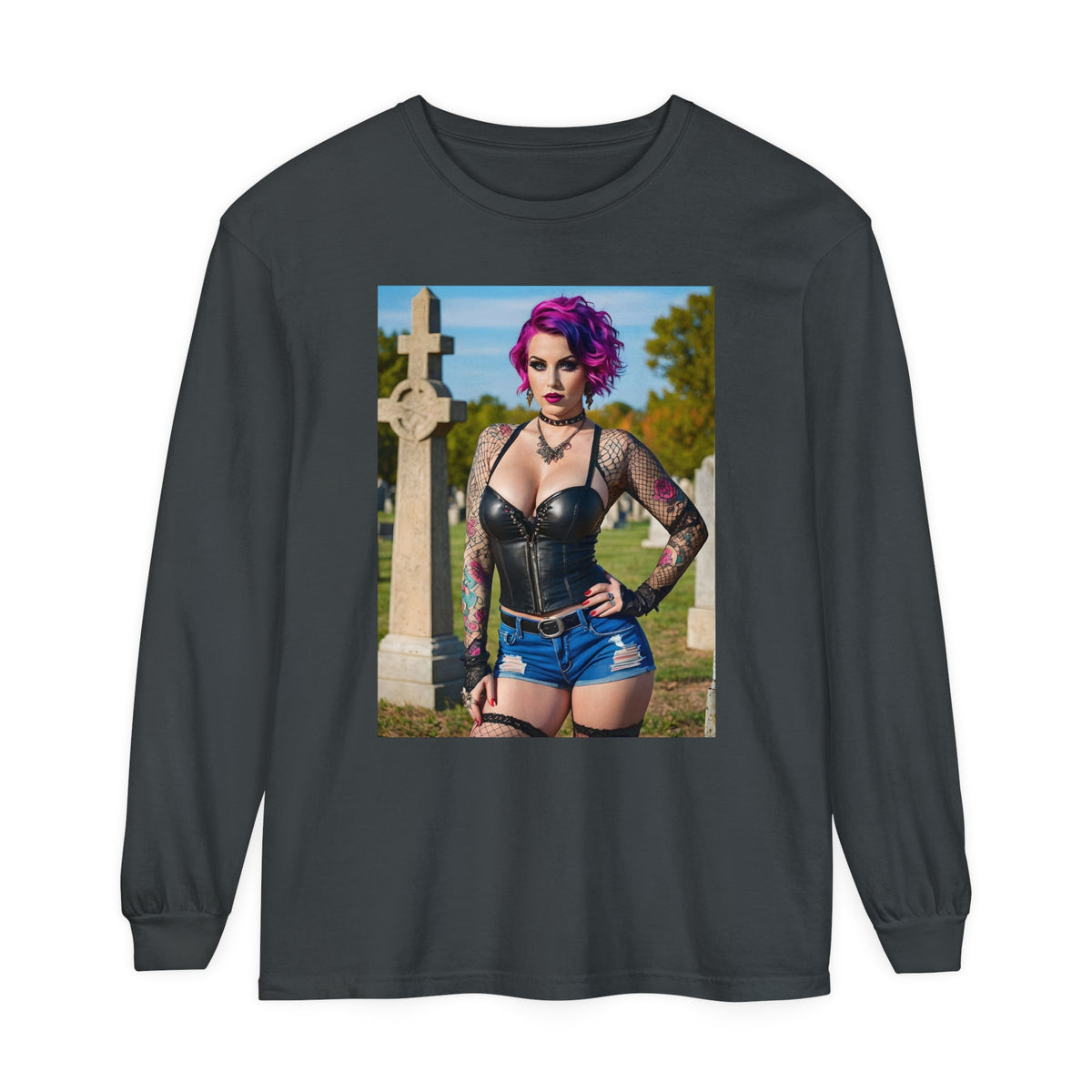 Goth Graveyard Girl - Design Fourteen- Unisex Garment-dyed Long Sleeve T-Shirt