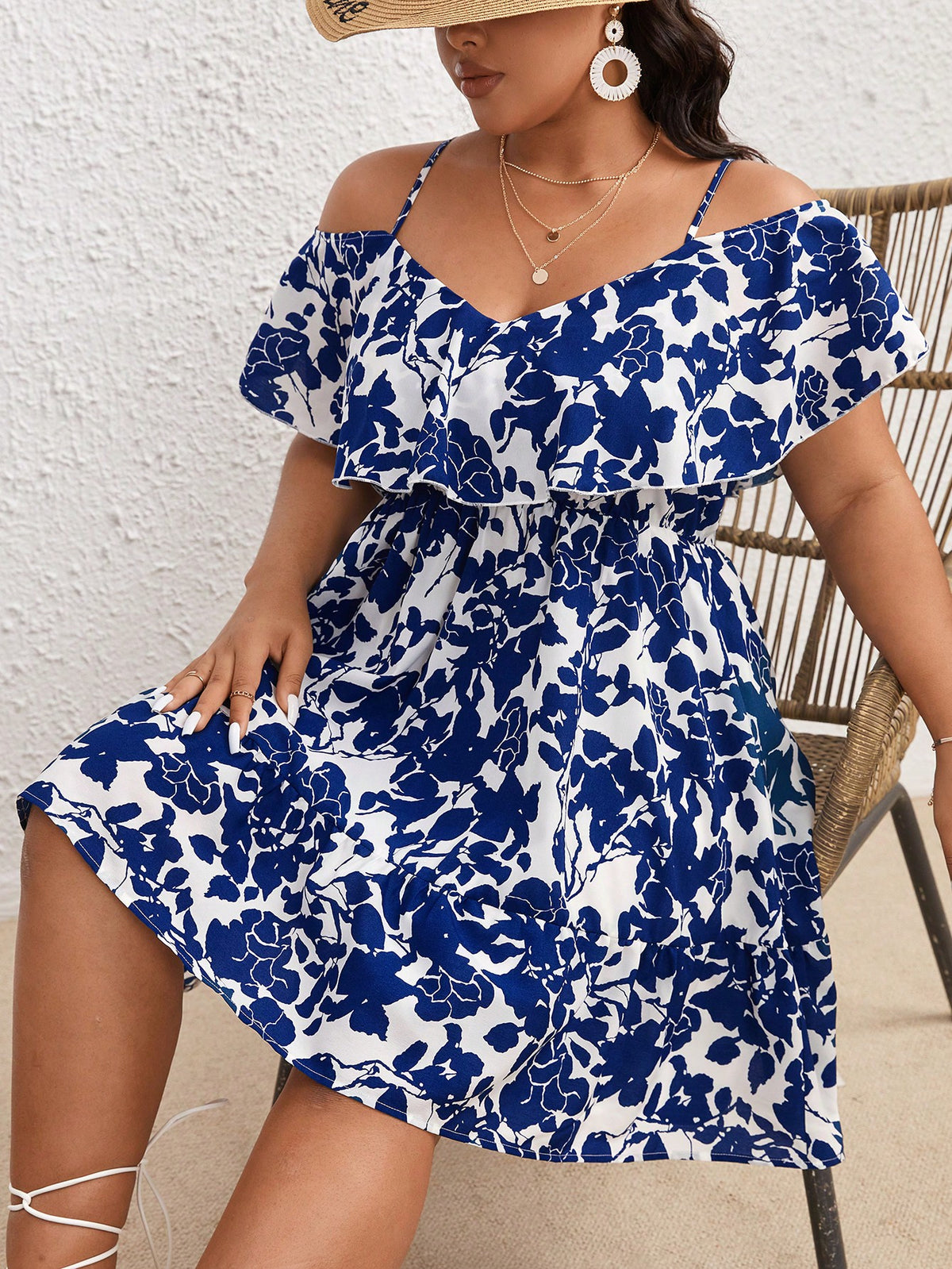 VCAY Plus Size Floral Print Open Shoulder Cami Dress, Summer Vacation