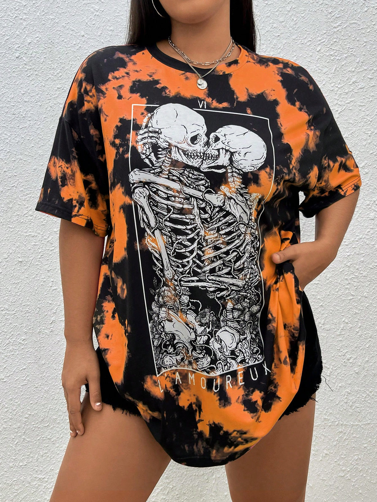 Deniart Plus Tie Dye Skeleton Print Drop Shoulder Tee