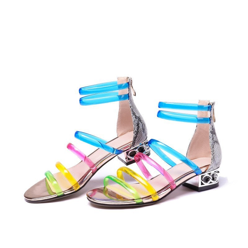 Low Heel Rainbow Color Transparent Jelly Strap Sandals