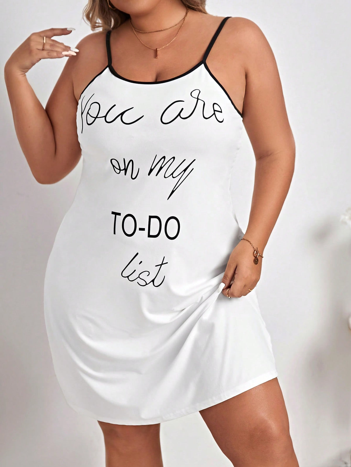 Plus Slogan Graphic Contrast Binding Cami Nightdress