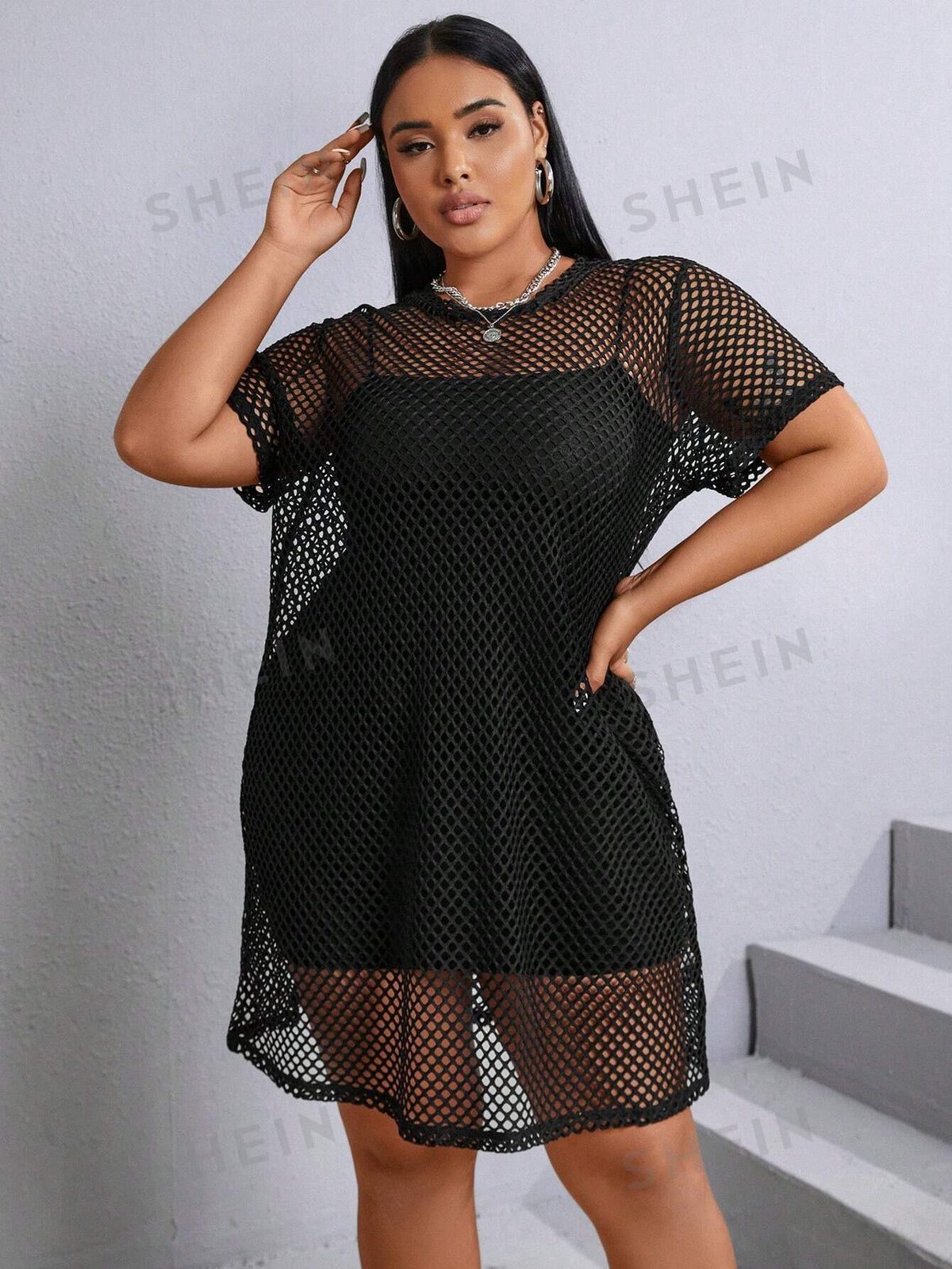 EZwear Plus Solid Fishnet Dress Without Cami Dress