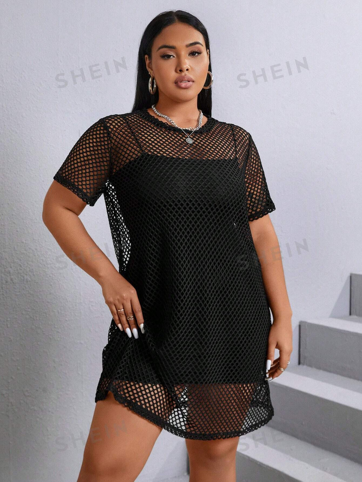 EZwear Plus Solid Fishnet Dress Without Cami Dress